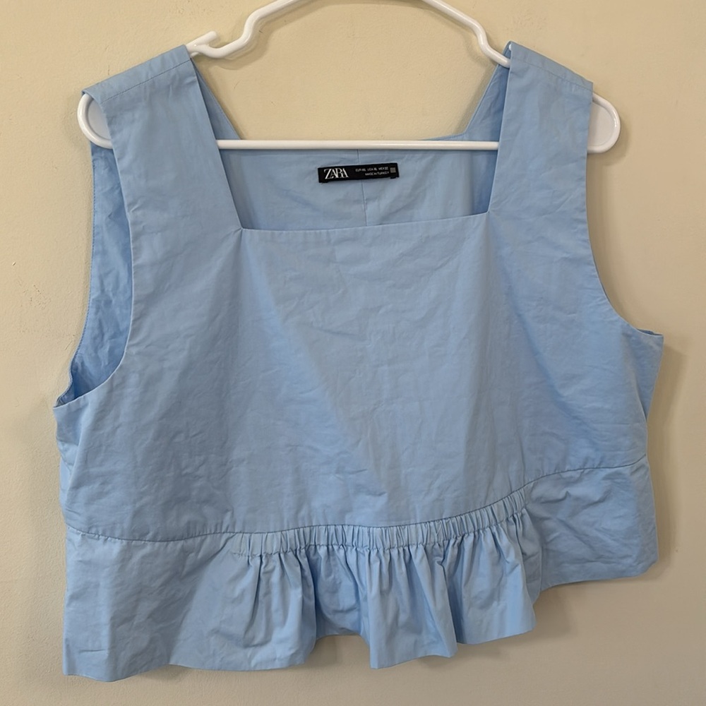 Zara Ruffle Bottom Square Neck Crop Top Sky Blue Size XL - Picture 5 of 8